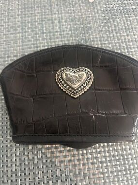 Black Croc-Embossed Cosmetic Pouch with Heart Medallion